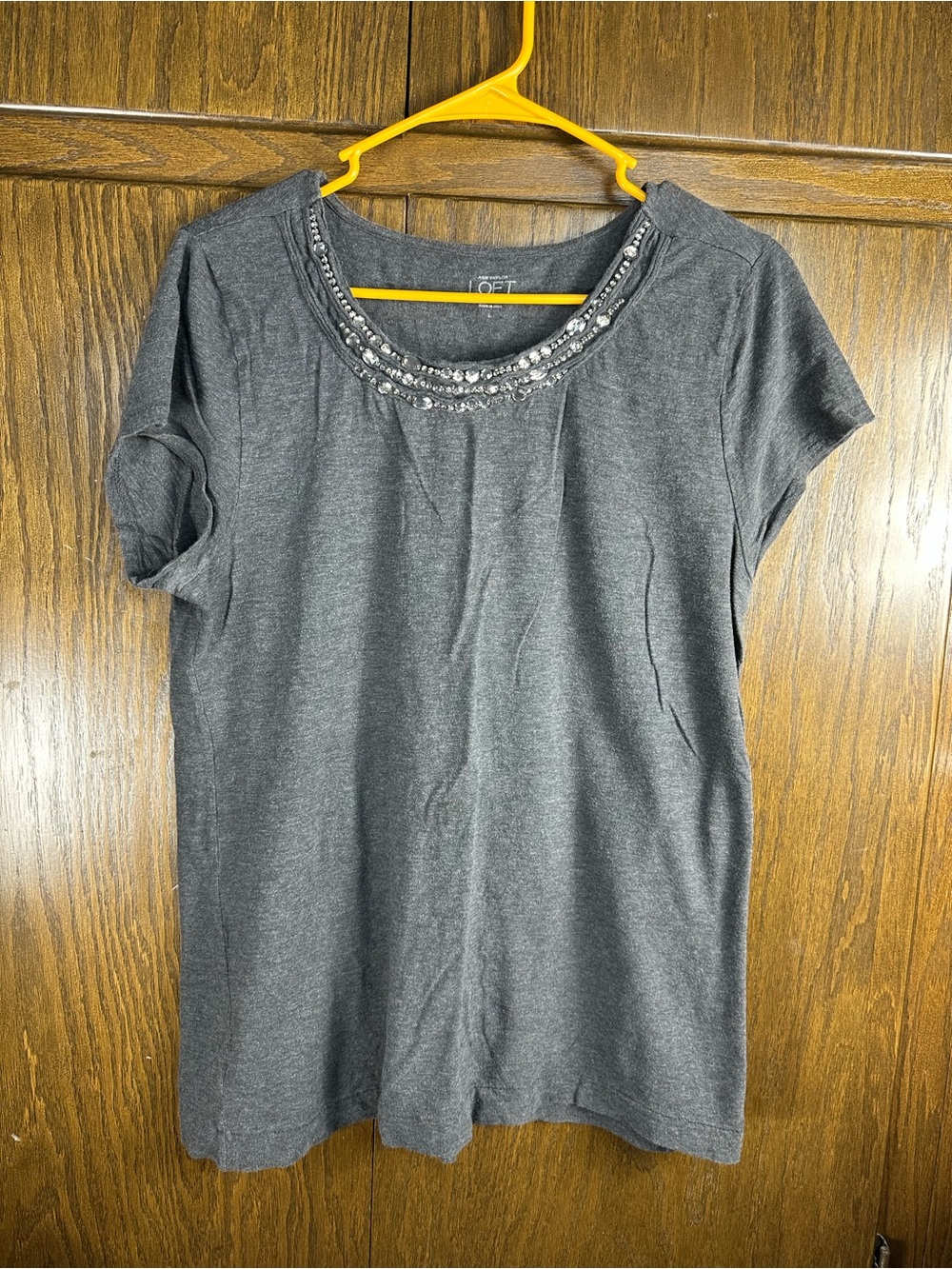 LOFT Charcoal Short Sleeve Scoop Neck Tee with Beaded Trim